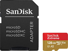 SanDisk 128GB Extreme microSDXC card for Action Cams and Drones and SD adapter and RescuePRO Deluxe, up to 190 MB/s, with A2 App Performance, UHS-I, Class 10, U3, V30