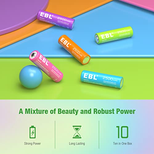 EBL AA Rechargeable Batteries 2500mAh High Capacity Long Lasting Ni-Mh Batteries 10 packs