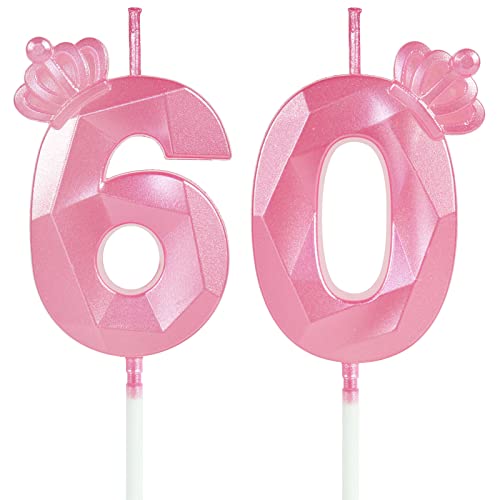 Yiran 3D Birthday Number Candle,Pink 60th Birthday Candles with Crown,Happy Birthday Candle,60th Birthday Candle for Cake,Cake Candles Cake Topper Decorations for Women Birthday Party Supplies