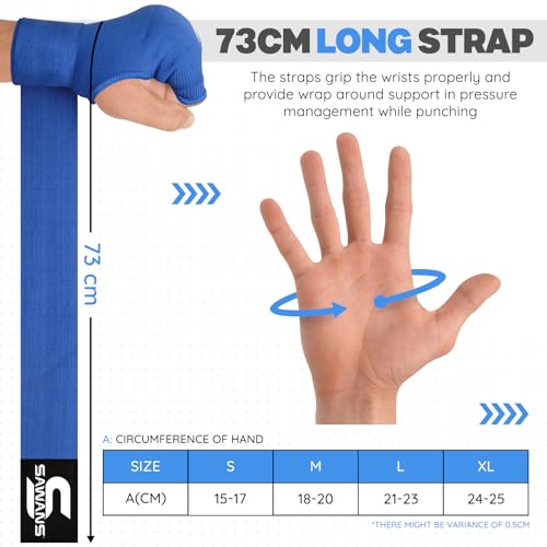 SAWANS Boxing Hand Wraps Inner Gloves for Hand Protection Long Wrist Straps Elasticated, Padded Martial Arts Combat Gloves Punching Bag Training Gel Mitts Muay Thai MMA (L/XL, Blue)