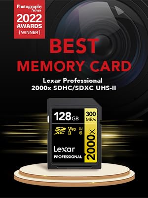 Lexar Professional 2000x SD Card 128GB, SDXC UHS-II Memory Card, Up to 300MB/s Read, for DSLR, Cinema-Quality Video Cameras (LSD2000128G-BNNAG)