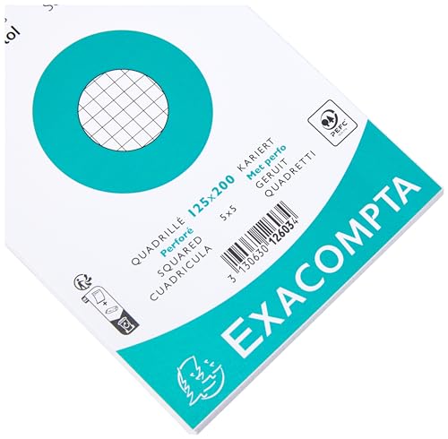 Exacompta - Ref 12603E - Bristol Squared Record Cards (Pack of 50) - 125 x 200mm in Size, 205gsm Card, Compatible with Printers - Suitable for Exam Revision & Notes - White