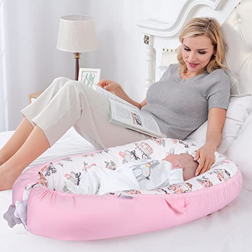 YGJT Baby Nest Pod for Newborn, Baby Lounger for 0-12 Months Boys Girls, 100% Cotton Baby Sleep Nest, Baby Essentials for Newborn, Baby Gifts (Lovely Deer Pink)