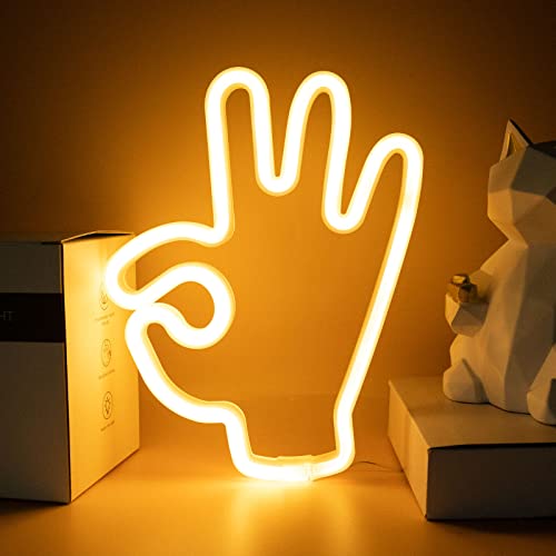 DWOOKE LED Neon Lights,OK Gesture Neon Signs Warm White Wall Neon Light USB or Battery Operated Hand Shape Light Hanging Decor Lights LED Signs for Bedroom Game Room Christmas Birthday Party Bar