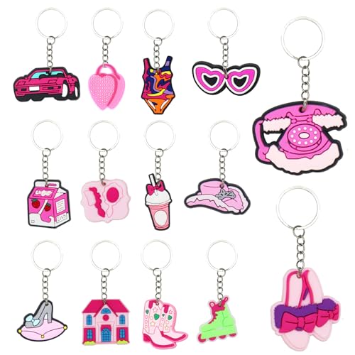 14 Pcs Barb_ie Keyring for Kids, Pink Series Keychain Pendant Theme Party Bag Filler, Ideas Presents Party Favors for Boys Girls Birthday Party Supply