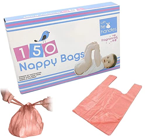 150 Pack Nappy Bags Fragranced Bags - Tie Handle Nappy Changing Disposable Bags   Scented Baby Nappy Bin Waste Sacks Bags   Adult Nappy Bags, Scented Dog Poo Bags