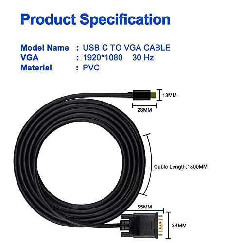 Herfair USB C to VGA Cable, 1080P VGA to USB-C Adapter Type-C Male to SVGA Male Converter Thunderbolt to D-Sub Connector for MacBook Pro/Air/2020/2019/2018, All USB-C Devices (1m)