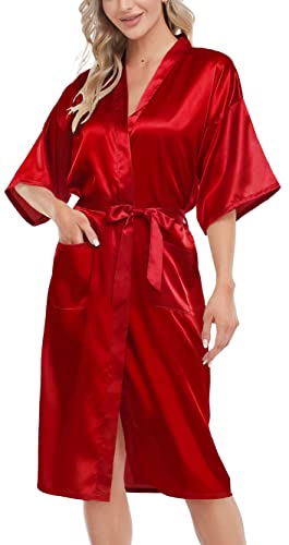 Lovasy Kimono Dressing Gowns Satin Kimono Robe Silk Dressing Gown for Women UK Long Silk Bride and Bridesmaid Robes,Red,M