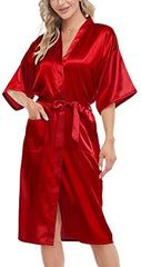 Lovasy Kimono Dressing Gowns Satin Kimono Robe Silk Dressing Gown for Women UK Long Silk Bride and Bridesmaid Robes,Red,L