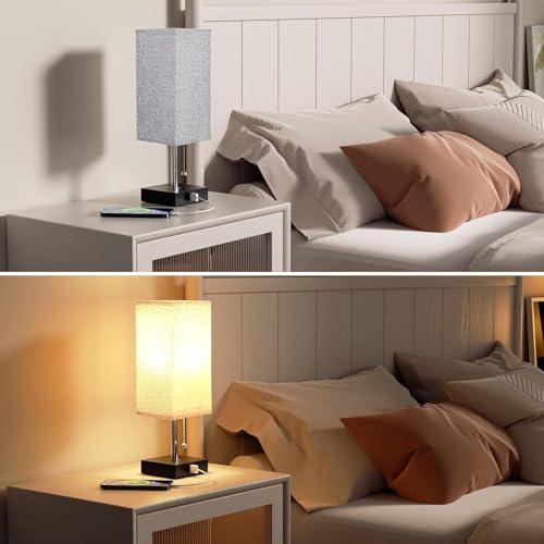 Aooshine Bedside Table Lamp, USB Bedside Lamps, Table Lamps for Bedroom with USB C and USB A Charging Ports, Bedroom Lamp with Grey Square Fabric Shade & Bedside Lamp (Bulb Not Included)