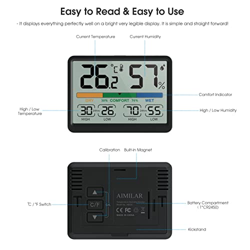 Humidity and Temperature Monitor - AIMILAR Digital Indoor Thermometer with High Low History, ℉ / ℃ Selectable, Easy to Use, Calibrate-able, Magnetic Option and Clear Display