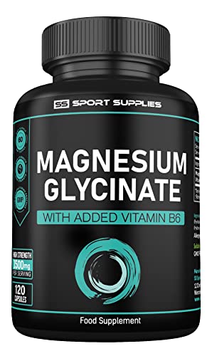 Magnesium Glycinate Supplements & Vitamin B6 - 120 High Strength Capsules - 1500mg of Magnesium Providing 315mg Elemental Magnesium (Bisglycinate) - Pure Active Ingredient