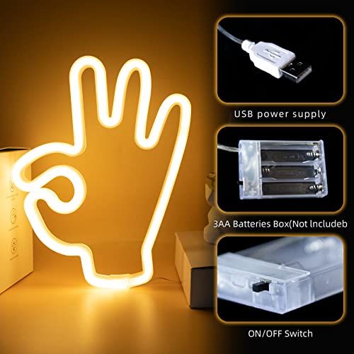 DWOOKE LED Neon Lights,OK Gesture Neon Signs Warm White Wall Neon Light USB or Battery Operated Hand Shape Light Hanging Decor Lights LED Signs for Bedroom Game Room Christmas Birthday Party Bar