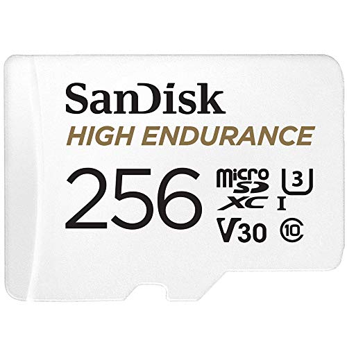 SanDisk 256GB High Endurance microSDXC card for IP cams & dash cams and SD adapter up to 20,000 Hours Full HD / 4K videos up to 100 MB/s UHS-I Class 10 U3 V30