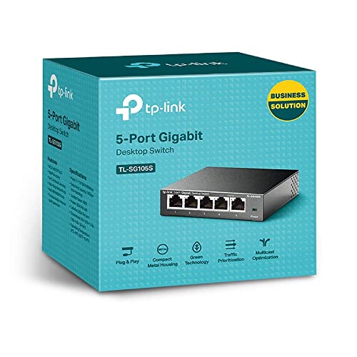 TP-Link TL-SG105S, 5 Port Gigabit Ethernet Network Switch, Ethernet Splitter, Hub, Desktop and Wall-Mounting, Sturdy Metal, Fanless, Plug and Play, Energy-Saving