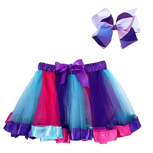 Yolev Girls Tutu Skirt Rainbow Tulle Tutu Skirt Princess Ballet Dance Dress Kid Tutu Skirt with Hair Bow for Children (Deep Purple and Lake Blue)