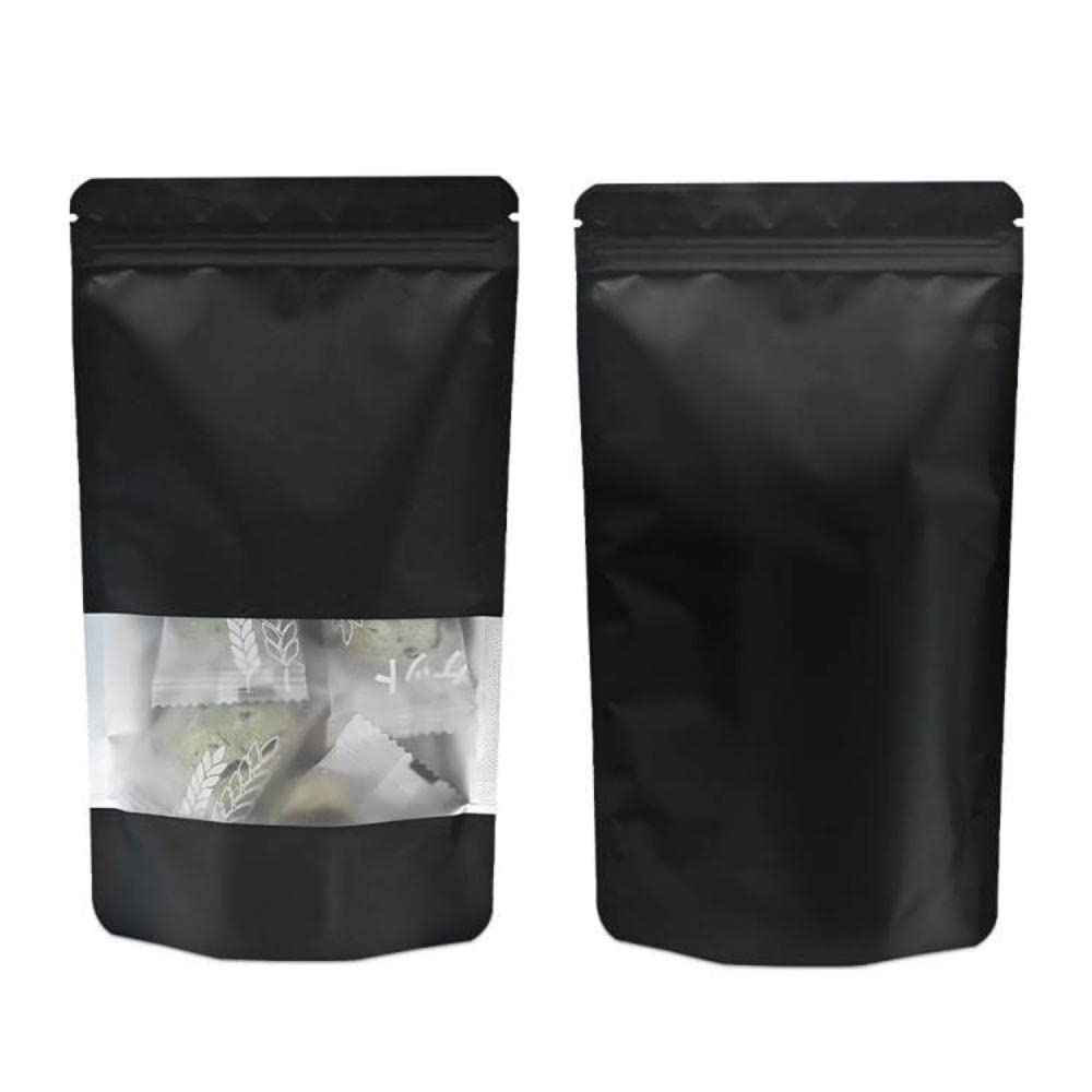 30pcs 12x20cm Black Stand up Mylar Ziplock Bags with Clear Window,Frosted Resealable Plastic Pouches for Food Storage Jewellery Sweets