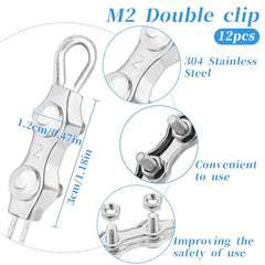 Giantree 12Pcs M2 Wire Rope Clamp, Stainless Steel Duplex Clamp 2mm Rope Connector Cable Clamps for Clothesline Tensioner Awning Fixed(Silver M2)