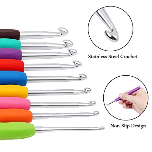 ZGTS Crochet Hooks Set, 9PCS Aluminum Knitting Needles Kit Ergonomic Soft Grip Handle for Arthritic Hands with Measuring Tape Stitch Markers and Sewing Needles (Aluminum,Rubber)