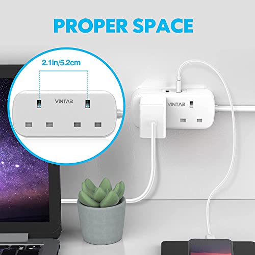 [1-pack] VINTAR Double Plug Adaptor with 2 USB, 2 Way Plugs Extension Multi Sockets Wall Charger Adapter, 13A UK 3 Pin Power Socket for Bedroom, Office, Kitchen, White