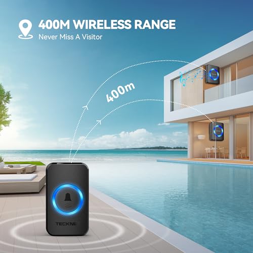 TECKNET Wireless Doorbell, Doorbell IP65 Waterproof Twin Wall Plug-in Cordless Door Chime Kit with 400m Range, 60 Chimes, 120dB Lound 5-Level Volume & Blue Light, Plug in Door Entry Bell