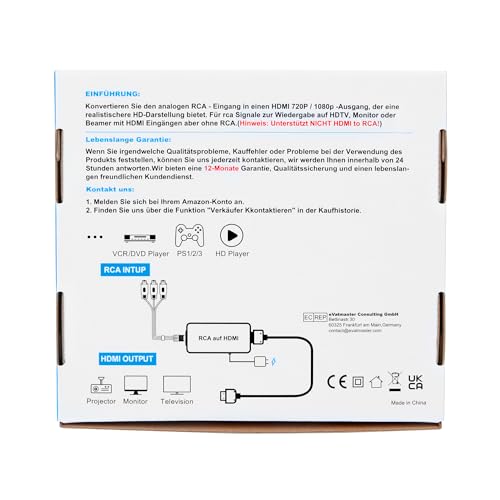 AIFHDAUF RCA to HDMI Converter with HDMI Cable, AV to HDMI Converter, RCA Input HDMI Output Video Audio Adapter for Sky/DVD/STB to View on HDTVs