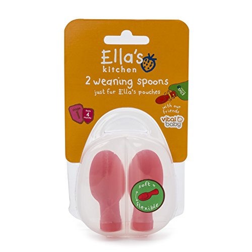 Vital Baby Ella's Kitchen Pouch Spoon Tips - Baby Weaning Spoons - Soft, Gentle and Flexible - BPA, Phthalate & Latex Free - Hygienic Travel Case Included - 4mand - 2pk Red