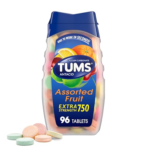 TUMS Antacid Chewable Tablets, Extra Strength for Heartburn Relief, Assorted Fruit, 96 count