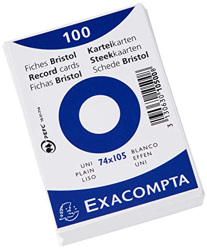 Exacompta - Ref 10500SE - Bristol Plain Record Cards (Pack of 100) - A7 in Size, 205gsm Card, Compatible with Printers - Suitable for Exam Revision & Notes - White