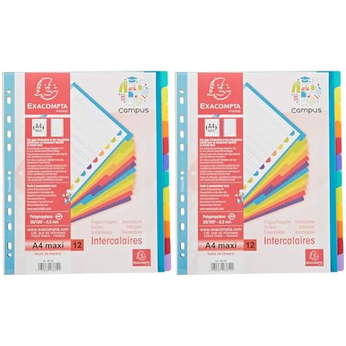 Exacompta - Ref 3812E - Campus PP Dividers - Suitable for A4and Documents, 12 Tabbed Parts, 0.3mm Rigid Polypropylene, Pre-Punched for Folders - Multi-Coloured (Pack of 2)