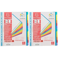 Exacompta - Ref 3812E - Campus PP Dividers - Suitable for A4and Documents, 12 Tabbed Parts, 0.3mm Rigid Polypropylene, Pre-Punched for Folders - Multi-Coloured (Pack of 2)