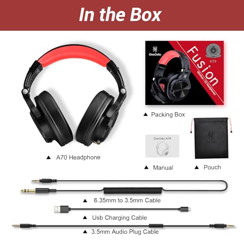 OneOdio Bluetooth Headphones Wireless Headphones Over Ear 72 Hrs Playtime Closed Hi-Fi Stereo Bass Headphones with Share Port Foldable DJ Headphones for E-drum Piano Guitar AMP Recording PC/Phone