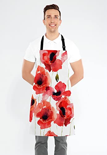 Wasach Poppy Flowers Apron, Watercolor Poppy Bib Apron with Adjustable Neck for Men Women,Suitable for Home Kitchen Cooking Waitress Chef Grill Bistro Baking BBQ Apron