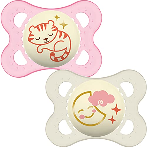 MAM Night Soothers 0-6 Months (Pack of 2), Glow in the Dark Baby Soothers with Self Sterilising Travel Case, Newborn Essentials, Pink/White, (Designs May Vary)