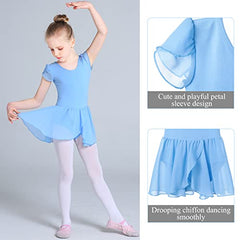 Monbessi Ballet Leotard for Girls Short Sleeve Cross Straps Ballet Dress Kids Cotton Ballet Outfit Gymnastics Leotard with Chiffon Skirt Suit for 2-11 Years (150 (140-150cm,9-11 Years), Blue)