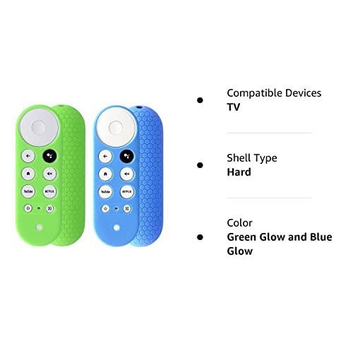 2pcs Remote Cover (Glow in the Dark) Compatible with 2020 Chromecast with Google TV Voice Remote, Pinowu Anti Slip Shockproof Silicone Case Cover (Green and Blue)