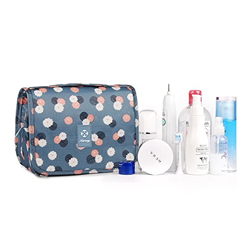 Travel Hanging Toiletry Wash Bag Makeup Cosmetic Organizer for Women Waterproof (Blue Flower)