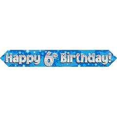 9ft Banner Happy 6th Birthday Blue holographic