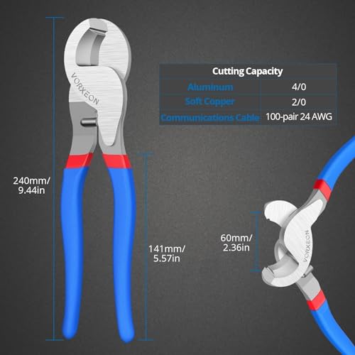 VORXEON 10 Inches Cable Cutter, Heavy Duty Large High Leverage Cutter Tool for Aluminum Copper Wire Communications Cable