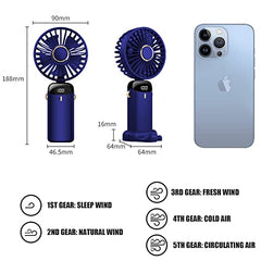 Jsdoin Hand Held Fan,Portable Handheld USB Rechargeable Fans with 5 Speeds,Battery Operated Mini Fan Foldable Desk Desktop Fans with LED Display for Home Office Bedroom Outdoor Travel (DarkBlue)