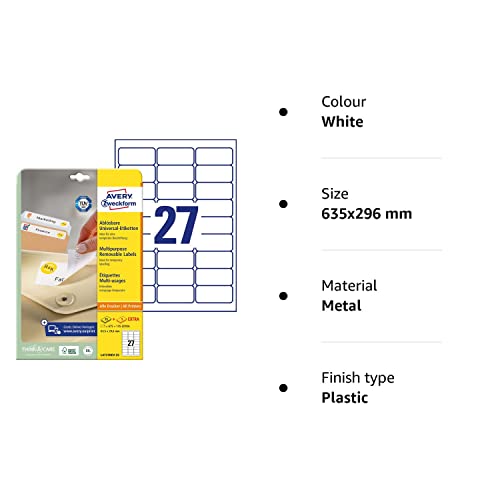 Avery L4737REV-25 Self-Adhesive Removable Labels, 27 Labels Per A4 Sheet, White, 635x296 mm