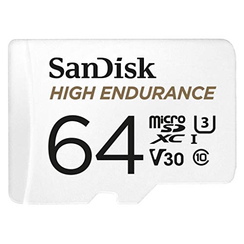 SanDisk HIGH ENDURANCE Video Monitoring for Dashcams & Home Monitoring 64 GB microSDXC Memory Card and SD Adaptor, Up to 100 MB/s read and 40 MB/s Write, Class 10, U3, V30, White