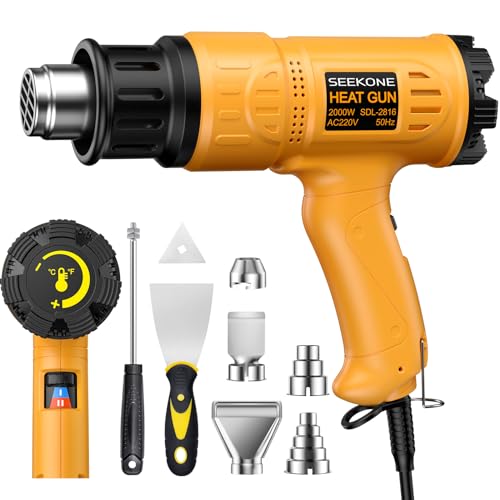 SEEKONE 2000W Professional Hot Air Gun 50℃- 600℃ Variable Temperature Control with 2-Temp Settings, Overload Protection, Double Heating Wire Fast Heating, 7 Accessories for Shrinking PVC