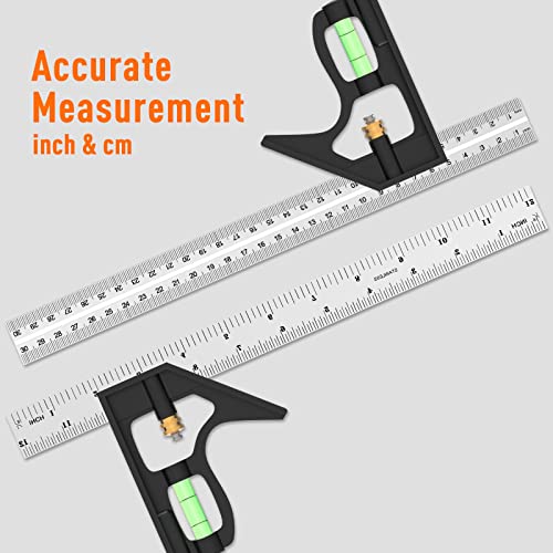 Combination Square, 12'/300mm Stainless Steel Combo Square Carpentry Tools, 45/90 Degree Ruler with Bubble Level for Accurate and Adjustable Woodworking Measurement.