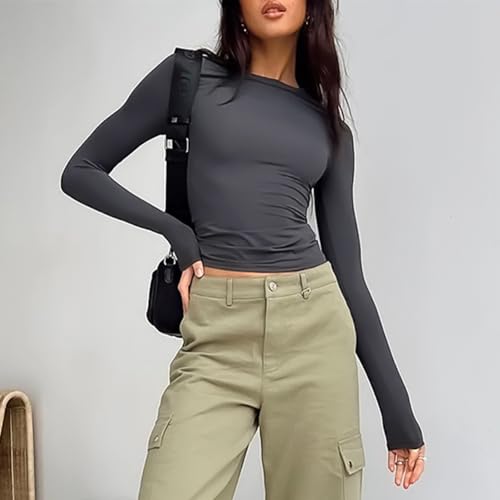 flintronic Womens Long Sleeve, Women's Basic Long Sleeve Scoop Neck, Women's Basic Long Sleeve Slim Fitted, Basic T-Shirts Crop Tops Blouse Aesthetic Streetwear-Grey/M