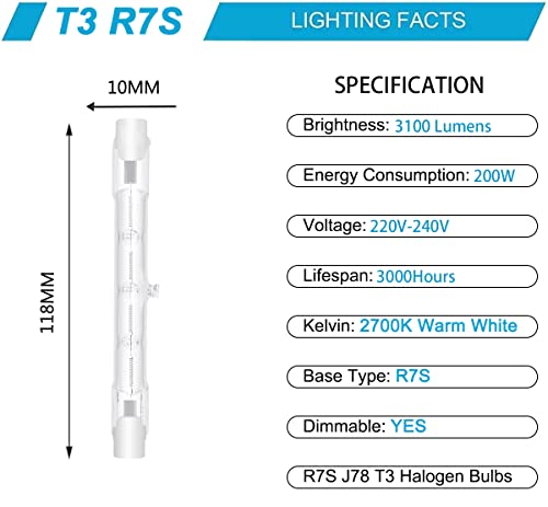 XBOCMY 4 Pack R7s Halogen Bulb 118mm 200W Dimmable 230V 3100lm 2700k Warm White Energy Saving Tungsten Linear Bulbs Floodlight J118 Security Light Bulb