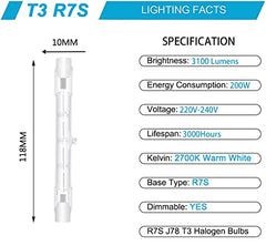 XBOCMY 4 Pack R7s Halogen Bulb 118mm 200W Dimmable 230V 3100lm 2700k Warm White Energy Saving Tungsten Linear Bulbs Floodlight J118 Security Light Bulb