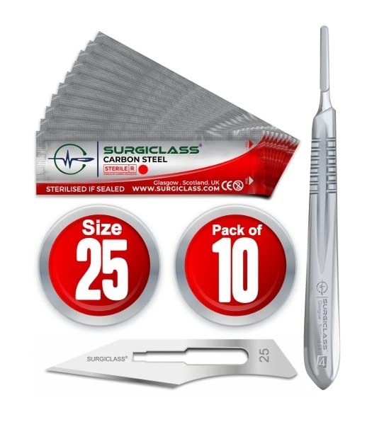 Surgical Scalpel Surgical Blades # 25 Carbon Steel Sterile Pack of 10 and Handle No 4 Perfect for Wood Art, Surgical, Sculpting, Repairs, Lab Anatomy, Sign, Card Making Lab Training SURGIRD25-10