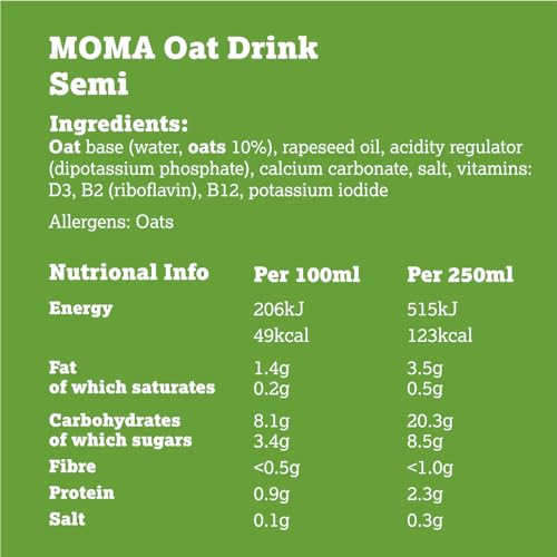 MOMA Oat Drink Semi - 6 x 1L - 1.2% Fat - Our Lightest Option - Fully-Foamable Dairy Free Milk with calcium & vitamins - 100% Plant Based Vegan - Perfect for Tea & Cereal - No Added Sugar - Made in UK