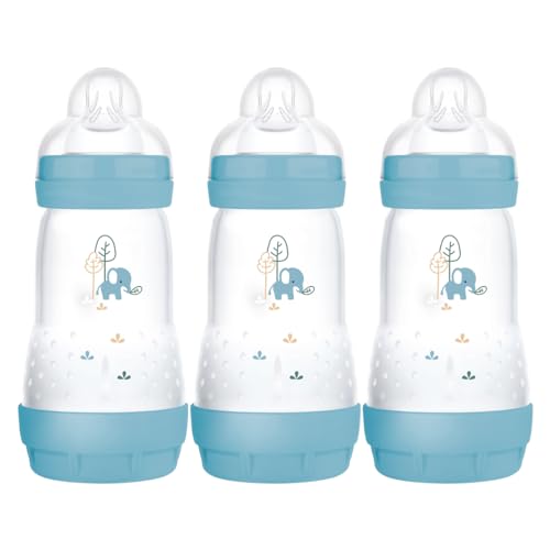 MAM Easy Start Self Sterilising Anti-Colic Baby Bottle Pack of 3 (3 x 260 ml), Anti-Colic Bottle with Medium Flow MAM Teats Size 2, Newborn Essentials, Blue (Designs May Vary)